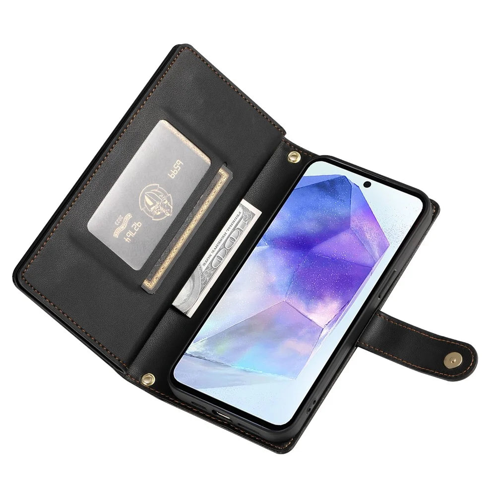 DF-011 For Samsung Galaxy A55 5G Case Zipper Pocket Leather Cover with Multiple Card Slots - Black - 3