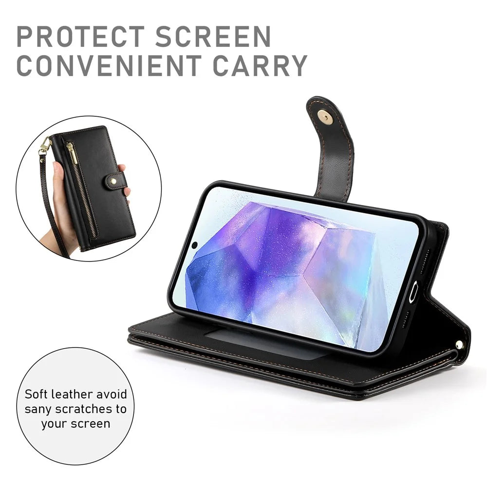 DF-011 For Samsung Galaxy A55 5G Case Zipper Pocket Leather Cover with Multiple Card Slots - Black - 4