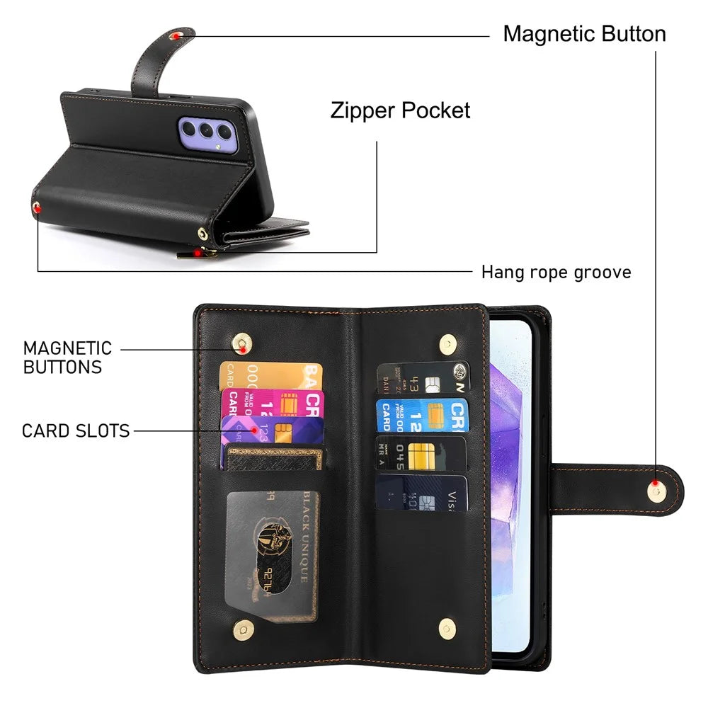 DF-011 For Samsung Galaxy A55 5G Case Zipper Pocket Leather Cover with Multiple Card Slots - Black - 6