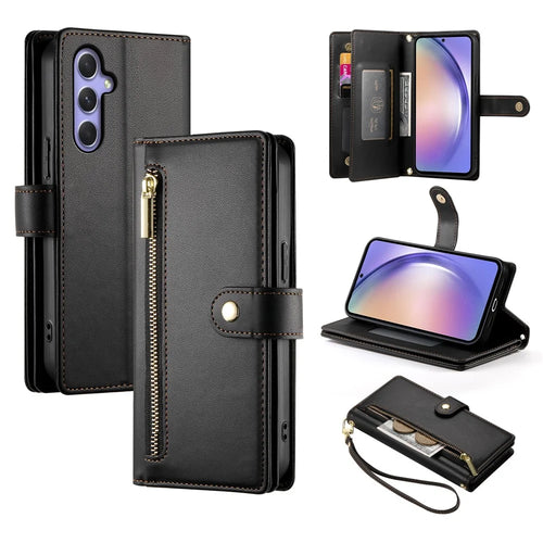 DF-011 For Samsung Galaxy A54 5G Case Zipper Phone Leather Cover with Shoulder Strap - Black - 1