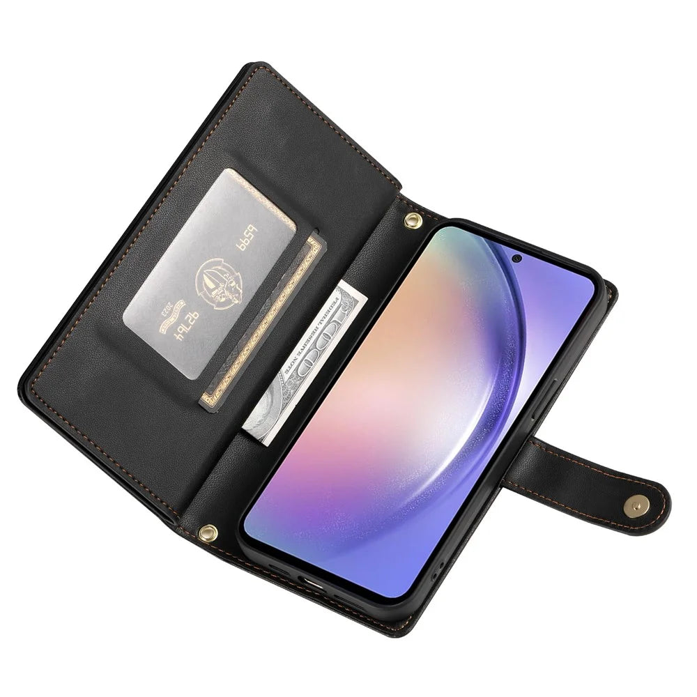 DF-011 For Samsung Galaxy A54 5G Case Zipper Phone Leather Cover with Shoulder Strap - Black - 3