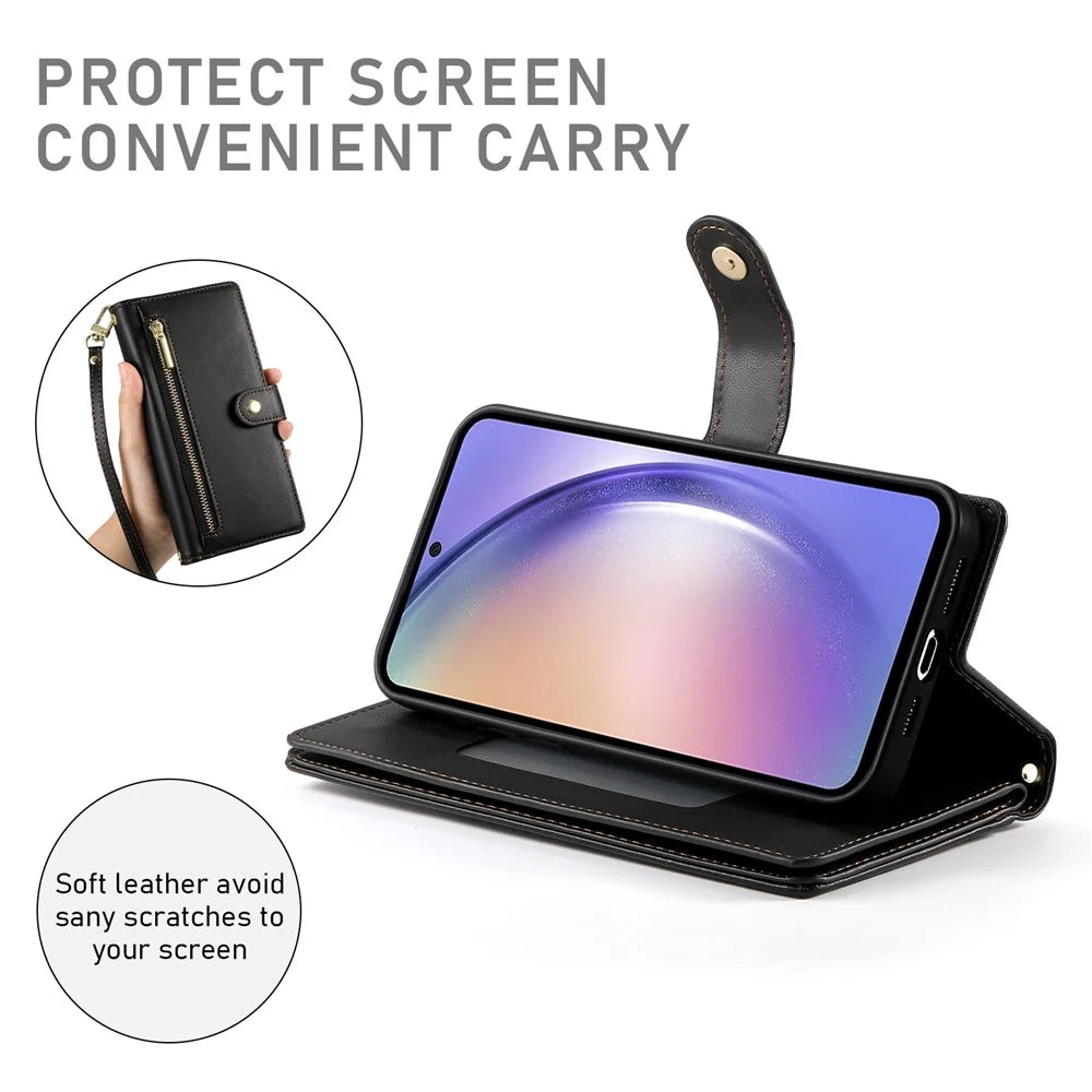 DF-011 For Samsung Galaxy A54 5G Case Zipper Phone Leather Cover with Shoulder Strap - Black - 4