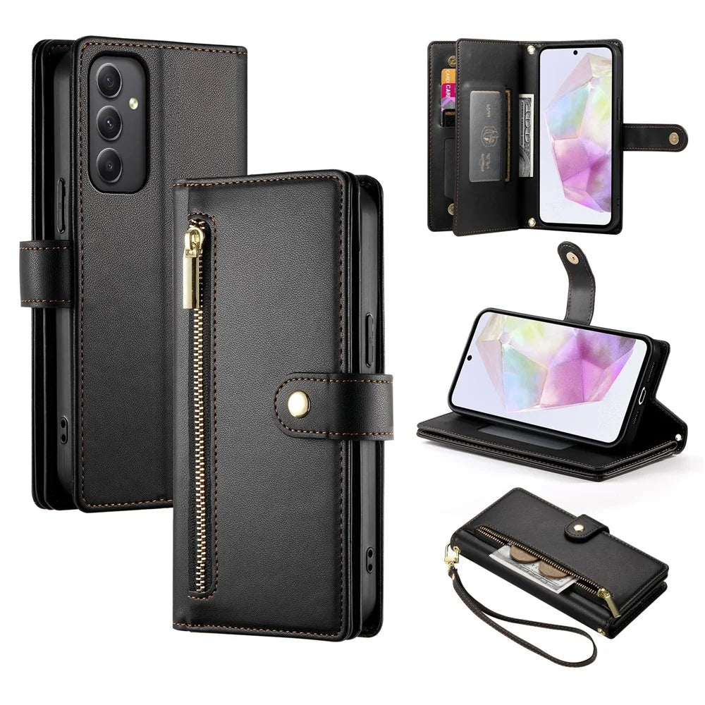 DF-011 For Samsung Galaxy A35 5G Case PU Leather Zipper Pocket Folio Flip Phone Cover - Black - 1