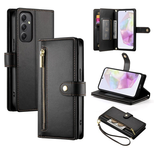 DF-011 For Samsung Galaxy A35 5G Case PU Leather Zipper Pocket Folio Flip Phone Cover - Black - 1