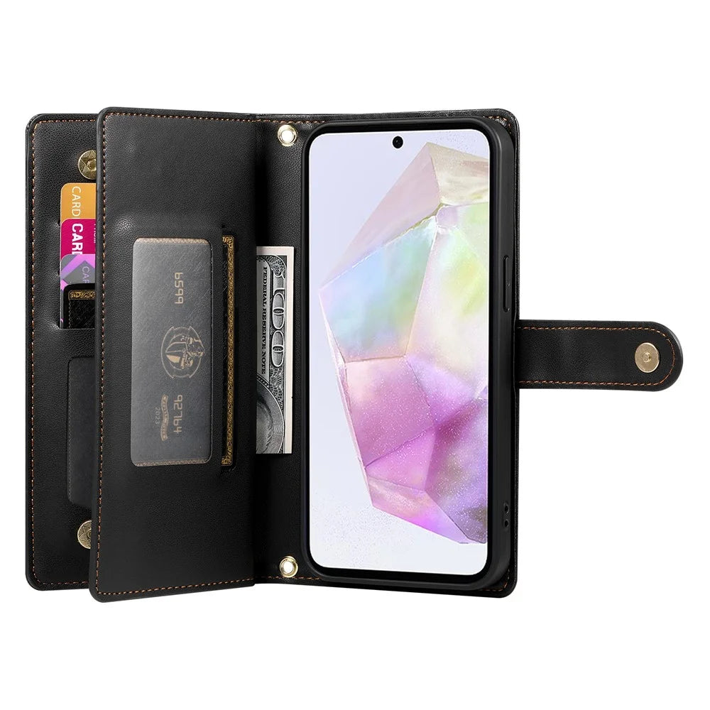 DF-011 For Samsung Galaxy A35 5G Case PU Leather Zipper Pocket Folio Flip Phone Cover - Black - 2