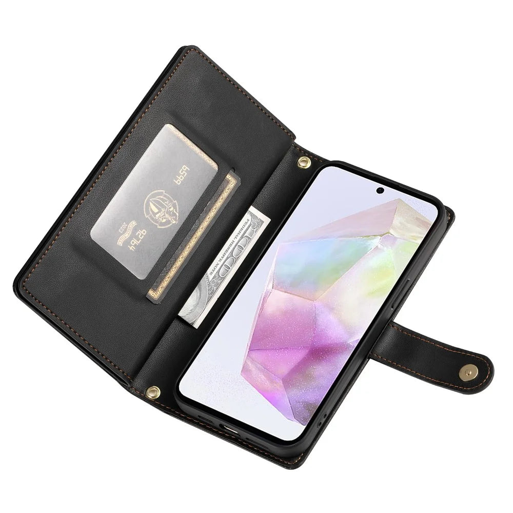 DF-011 For Samsung Galaxy A35 5G Case PU Leather Zipper Pocket Folio Flip Phone Cover - Black - 3