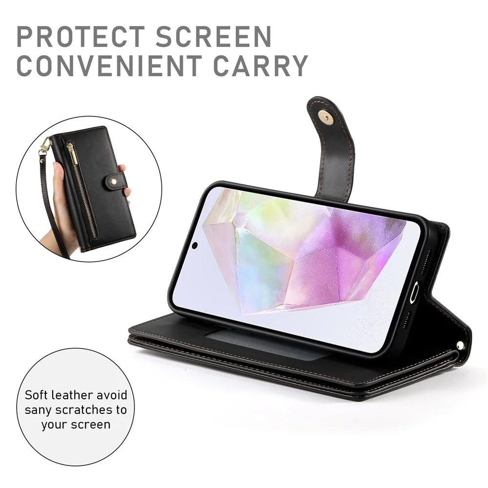 DF-011 For Samsung Galaxy A35 5G Case PU Leather Zipper Pocket Folio Flip Phone Cover - Black - 4