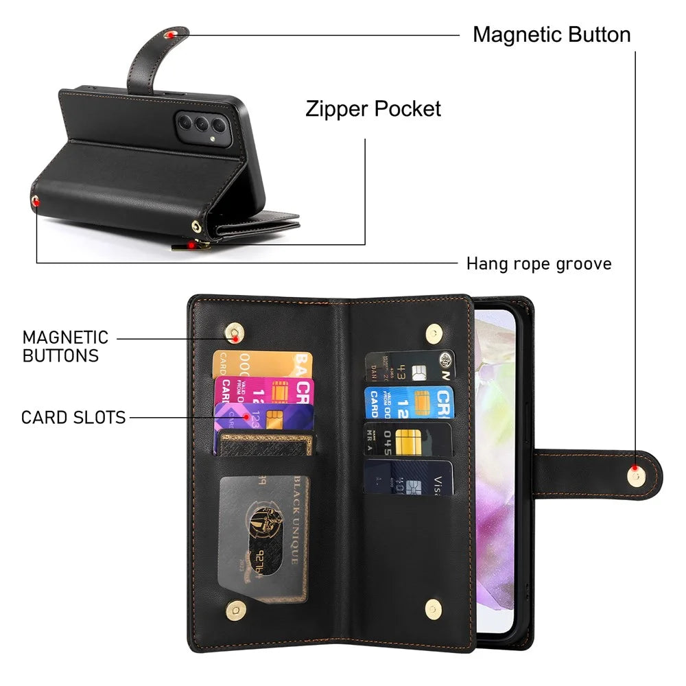DF-011 For Samsung Galaxy A35 5G Case PU Leather Zipper Pocket Folio Flip Phone Cover - Black - 6