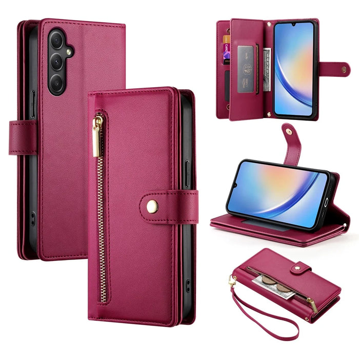 DF-011 For Samsung Galaxy A34 5G Case Card Slots Zipper Leather Cover Crossbody Phone Bag - Red - 1