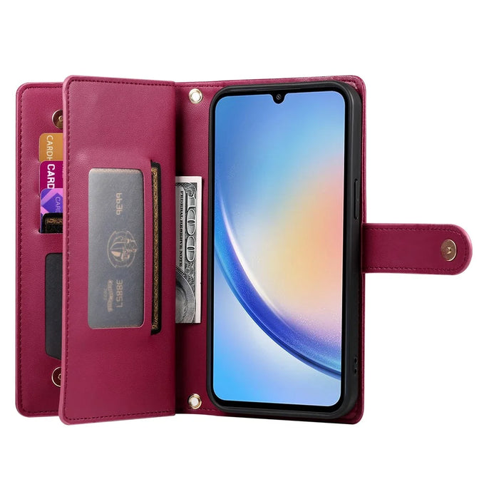 DF-011 For Samsung Galaxy A34 5G Case Card Slots Zipper Leather Cover Crossbody Phone Bag - Red - 2