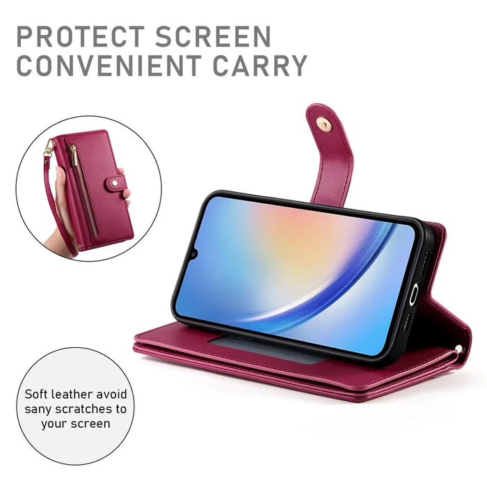 DF-011 For Samsung Galaxy A34 5G Case Card Slots Zipper Leather Cover Crossbody Phone Bag - Red - 4