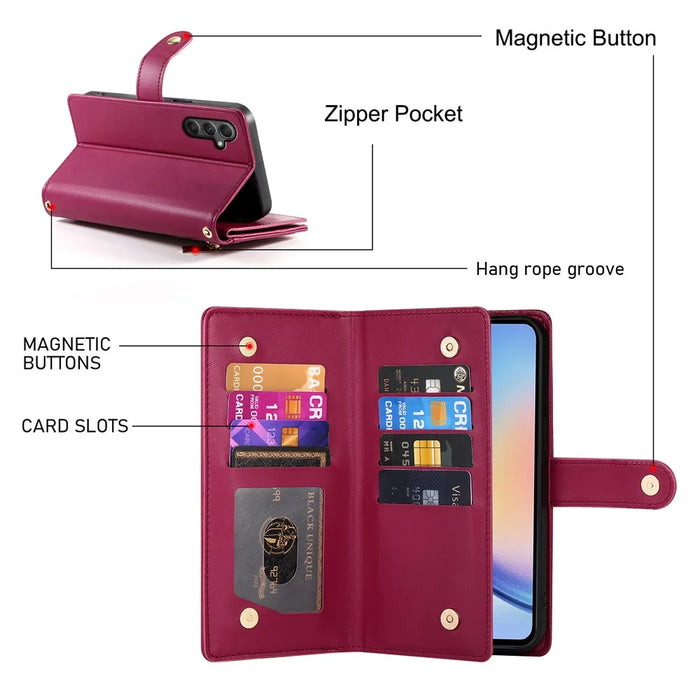 DF-011 For Samsung Galaxy A34 5G Case Card Slots Zipper Leather Cover Crossbody Phone Bag - Red - 6
