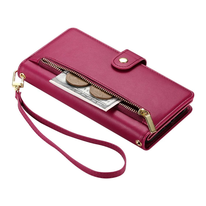 DF-011 For Samsung Galaxy A34 5G Case Card Slots Zipper Leather Cover Crossbody Phone Bag - Red - 7
