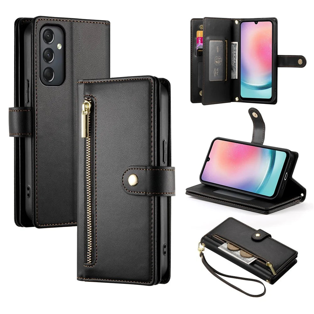 DF-011 For Samsung Galaxy A24 4G (162.1 X 77.6 X 8.3mm) Case Zipper Wallet Leather Phone Cover - Black - 1
