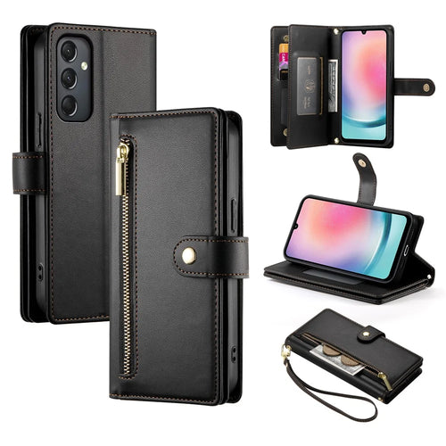 DF-011 For Samsung Galaxy A24 4G (162.1 X 77.6 X 8.3mm) Case Zipper Wallet Leather Phone Cover - Black - 1