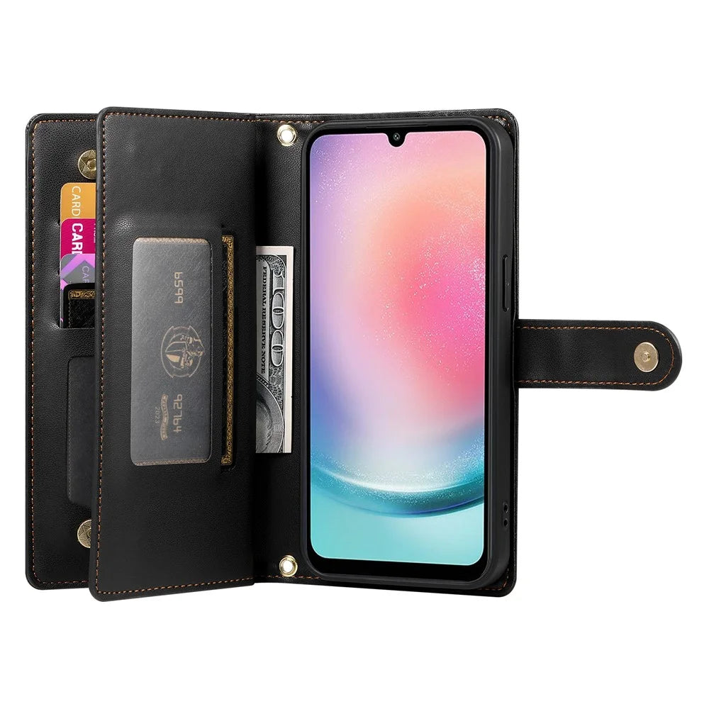 DF-011 For Samsung Galaxy A24 4G (162.1 X 77.6 X 8.3mm) Case Zipper Wallet Leather Phone Cover - Black - 2