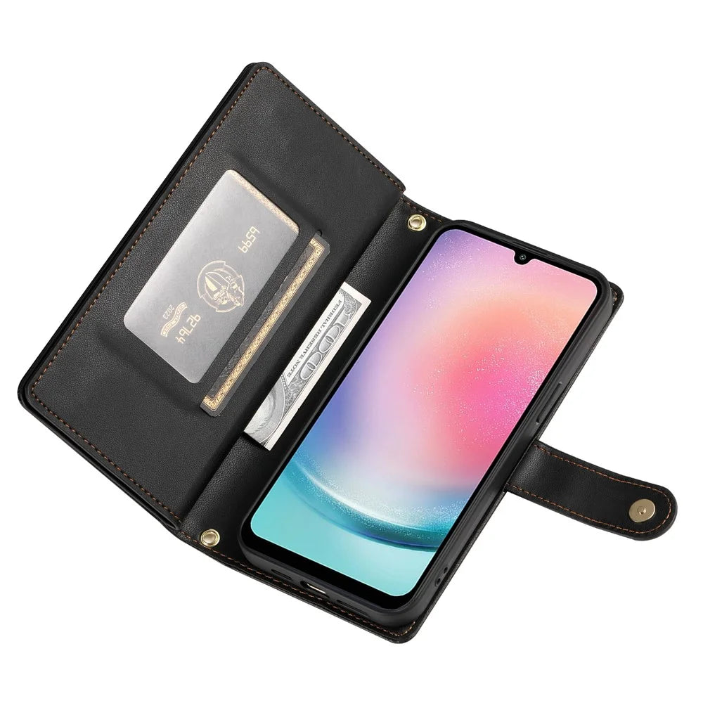 DF-011 For Samsung Galaxy A24 4G (162.1 X 77.6 X 8.3mm) Case Zipper Wallet Leather Phone Cover - Black - 3