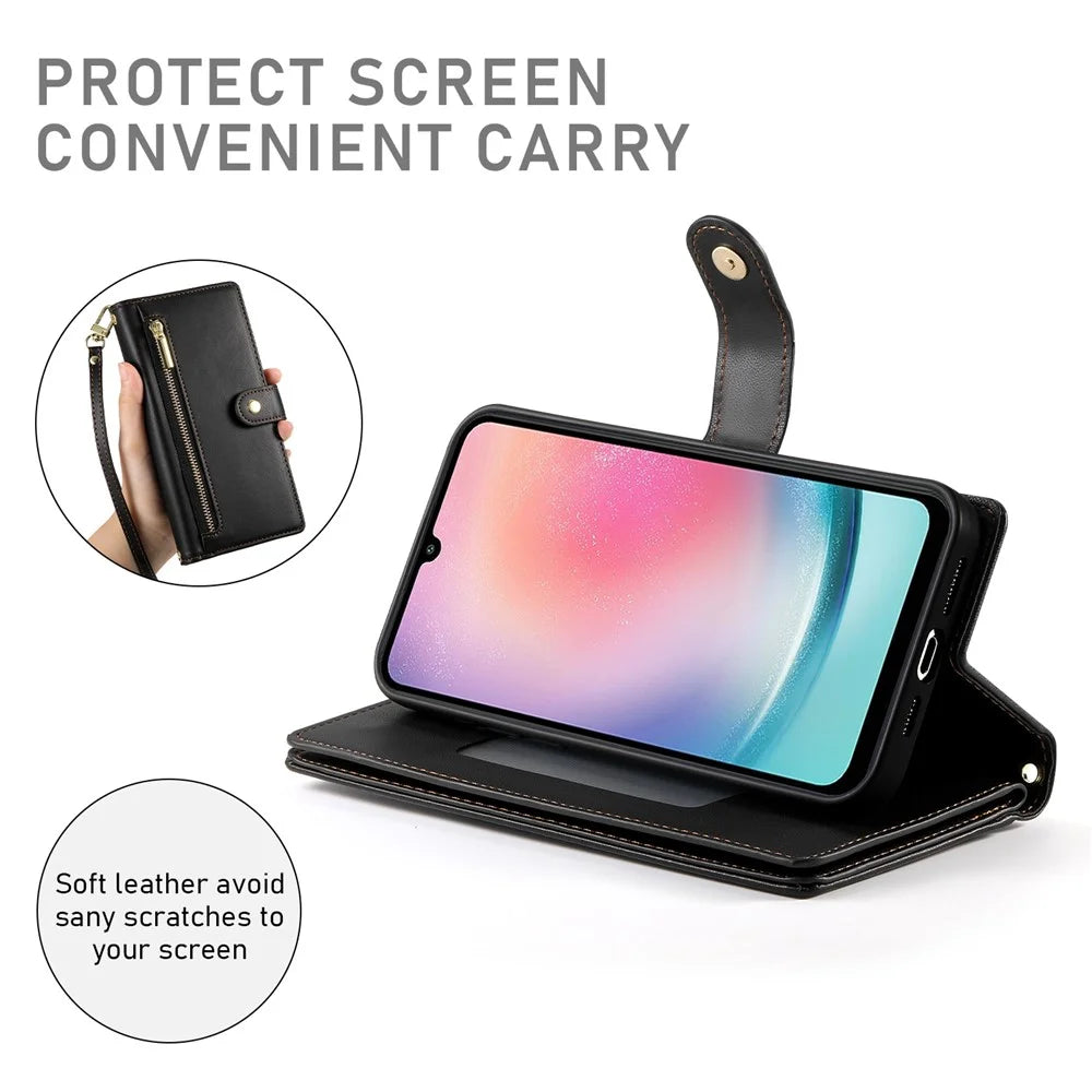 DF-011 For Samsung Galaxy A24 4G (162.1 X 77.6 X 8.3mm) Case Zipper Wallet Leather Phone Cover - Black - 4