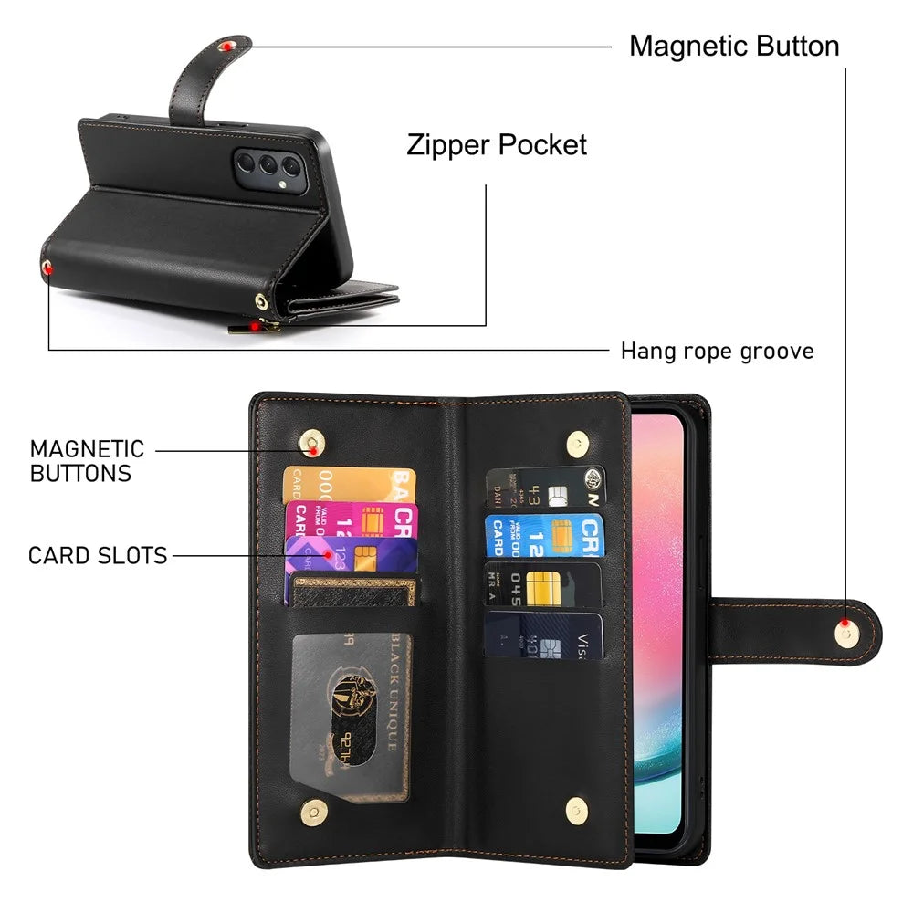DF-011 For Samsung Galaxy A24 4G (162.1 X 77.6 X 8.3mm) Case Zipper Wallet Leather Phone Cover - Black - 6