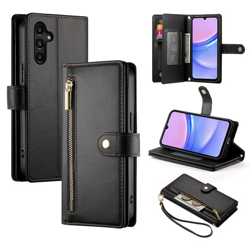 DF-011 For Samsung Galaxy A15 4G / 5G Wallet Case Zipper Leather Phone Bag with Shoulder Strap - Black - 1