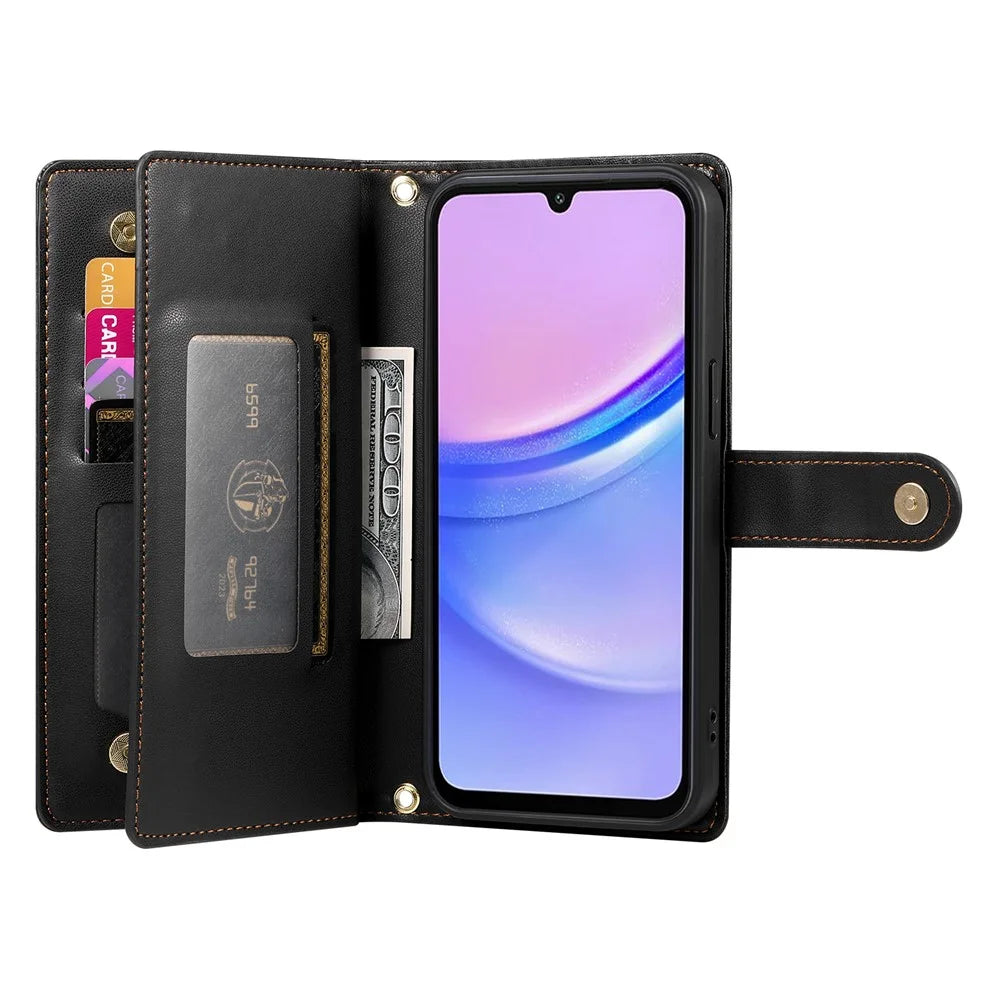 DF-011 For Samsung Galaxy A15 4G / 5G Wallet Case Zipper Leather Phone Bag with Shoulder Strap - Black - 2