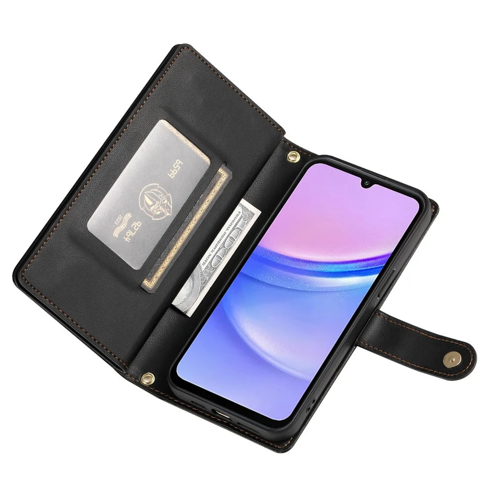 DF-011 For Samsung Galaxy A15 4G / 5G Wallet Case Zipper Leather Phone Bag with Shoulder Strap - Black - 3