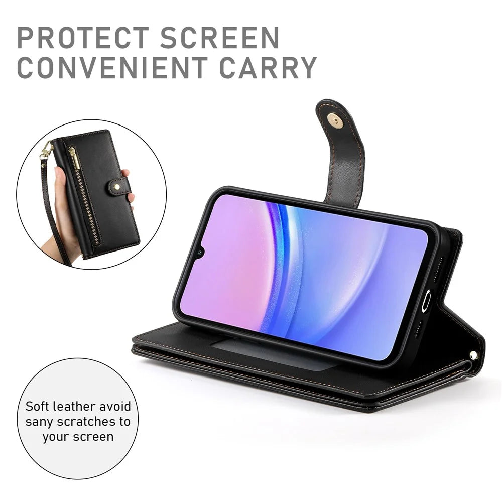 DF-011 For Samsung Galaxy A15 4G / 5G Wallet Case Zipper Leather Phone Bag with Shoulder Strap - Black - 4