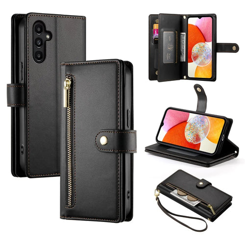 DF-011 For Samsung Galaxy A14 4G / 5G Case Zipper Pocket PU Leather Stand Phone Cover - Black - 1