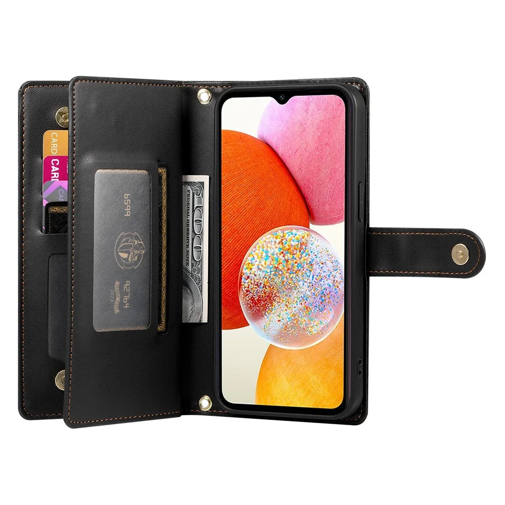 DF-011 For Samsung Galaxy A14 4G / 5G Case Zipper Pocket PU Leather Stand Phone Cover - Black - 2