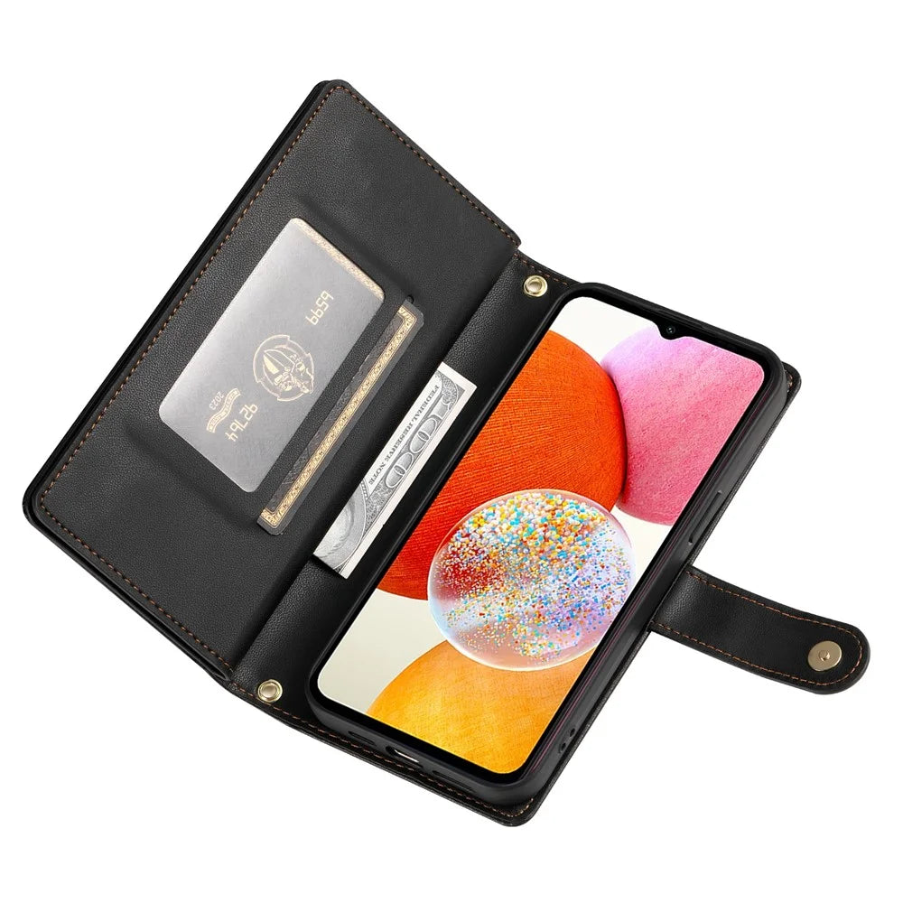 DF-011 For Samsung Galaxy A14 4G / 5G Case Zipper Pocket PU Leather Stand Phone Cover - Black - 3