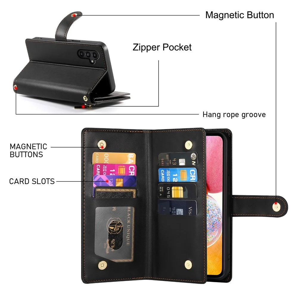 DF-011 For Samsung Galaxy A14 4G / 5G Case Zipper Pocket PU Leather Stand Phone Cover - Black - 6