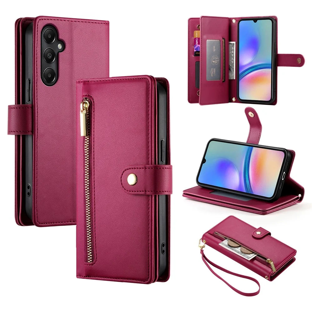 DF-011 For Samsung Galaxy A05s 4G Leather Case Zipper Wallet Crossbody Phone Bag - Red - 1