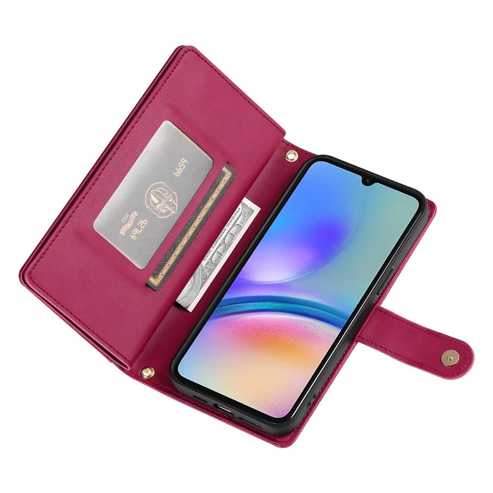 DF-011 For Samsung Galaxy A05s 4G Leather Case Zipper Wallet Crossbody Phone Bag - Red - 3