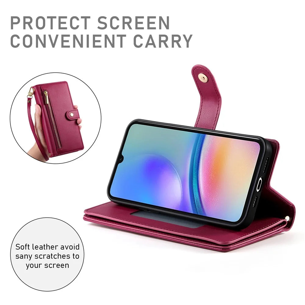 DF-011 For Samsung Galaxy A05s 4G Leather Case Zipper Wallet Crossbody Phone Bag - Red - 4