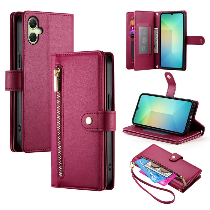 DF-011 For Samsung Galaxy A05 4G Case Zipper Pocket Flip Leather Phone Cover with Shoulder Strap - Red - 1