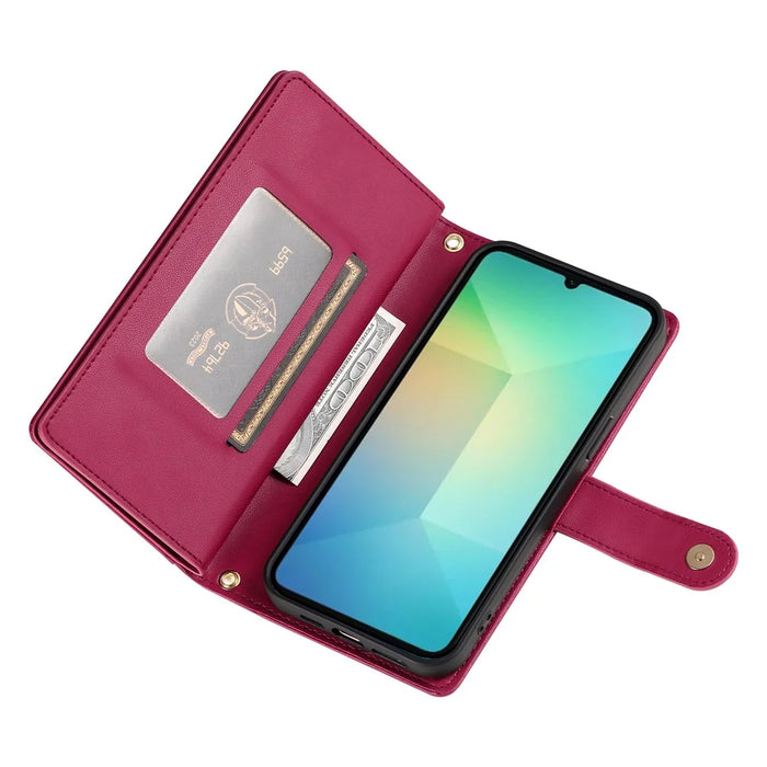 DF-011 For Samsung Galaxy A05 4G Case Zipper Pocket Flip Leather Phone Cover with Shoulder Strap - Red - 4