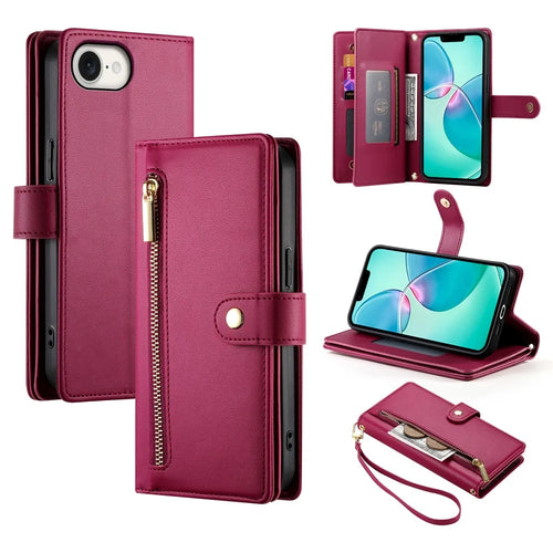 DF-011 For iPhone 17e / 16e Case Zipper Wallet PU Leather Crossbody Phone Bag - Red - 1
