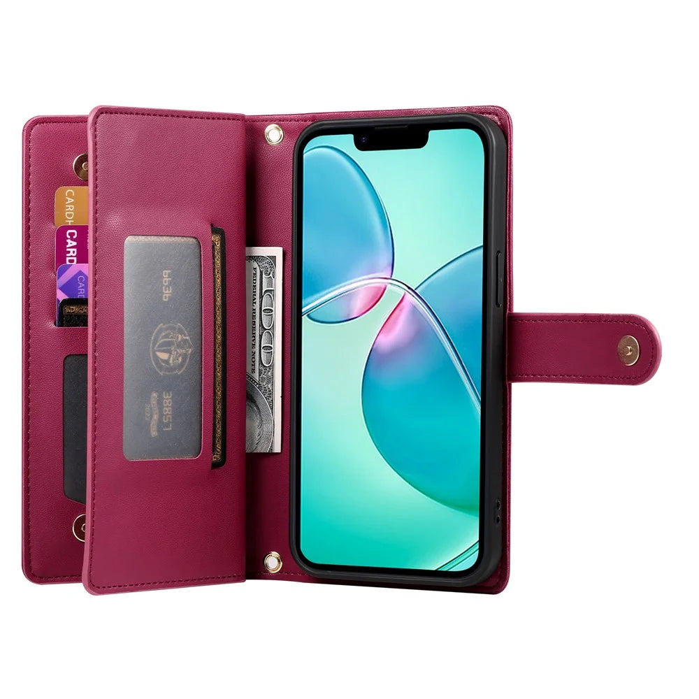 DF-011 For iPhone 17e / 16e Case Zipper Wallet PU Leather Crossbody Phone Bag - Red - 2