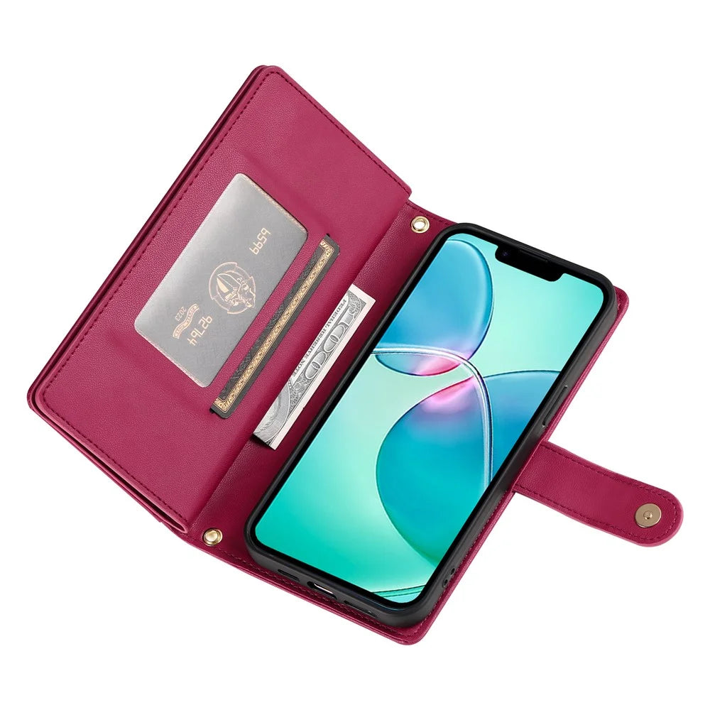 DF-011 For iPhone 17e / 16e Case Zipper Wallet PU Leather Crossbody Phone Bag - Red - 3