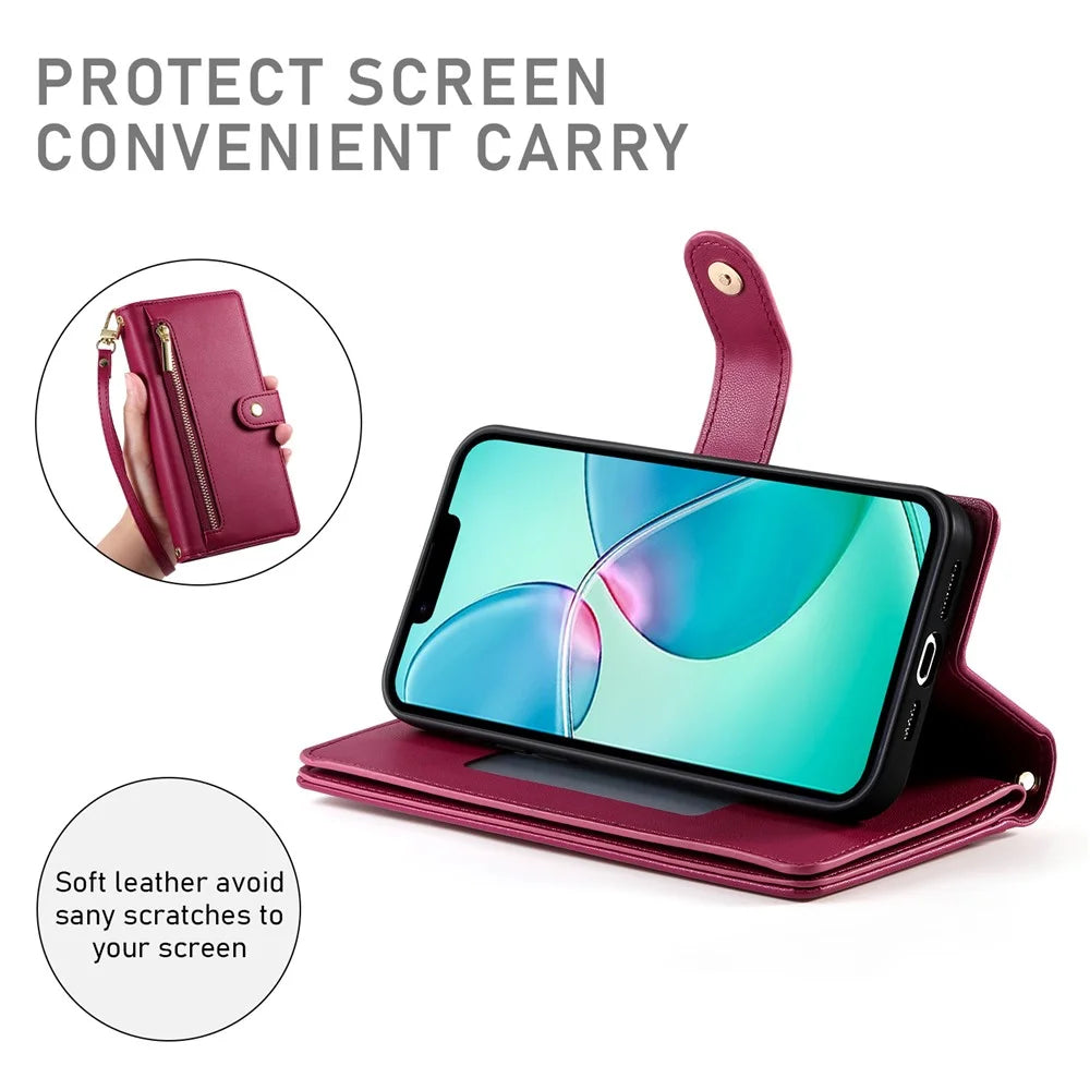 DF-011 For iPhone 17e / 16e Case Zipper Wallet PU Leather Crossbody Phone Bag - Red - 4