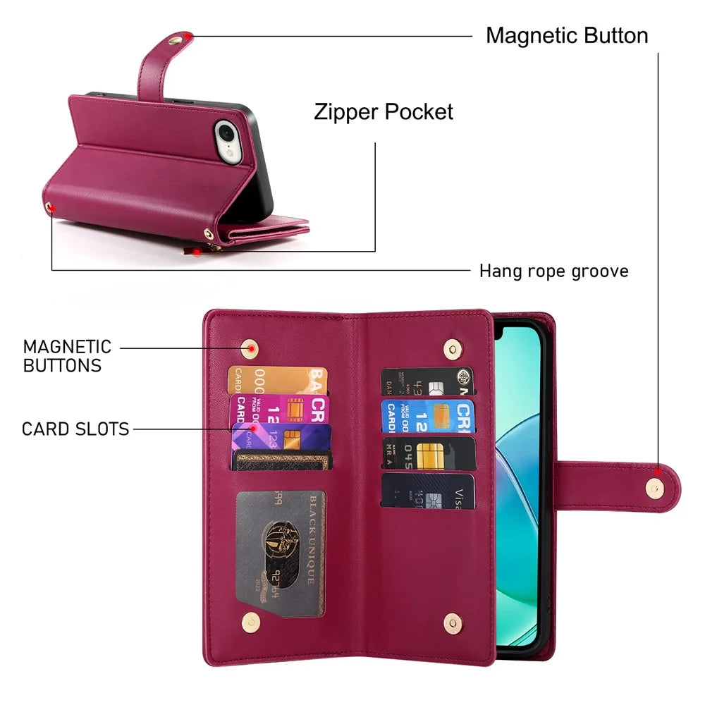 DF-011 For iPhone 17e / 16e Case Zipper Wallet PU Leather Crossbody Phone Bag - Red - 6