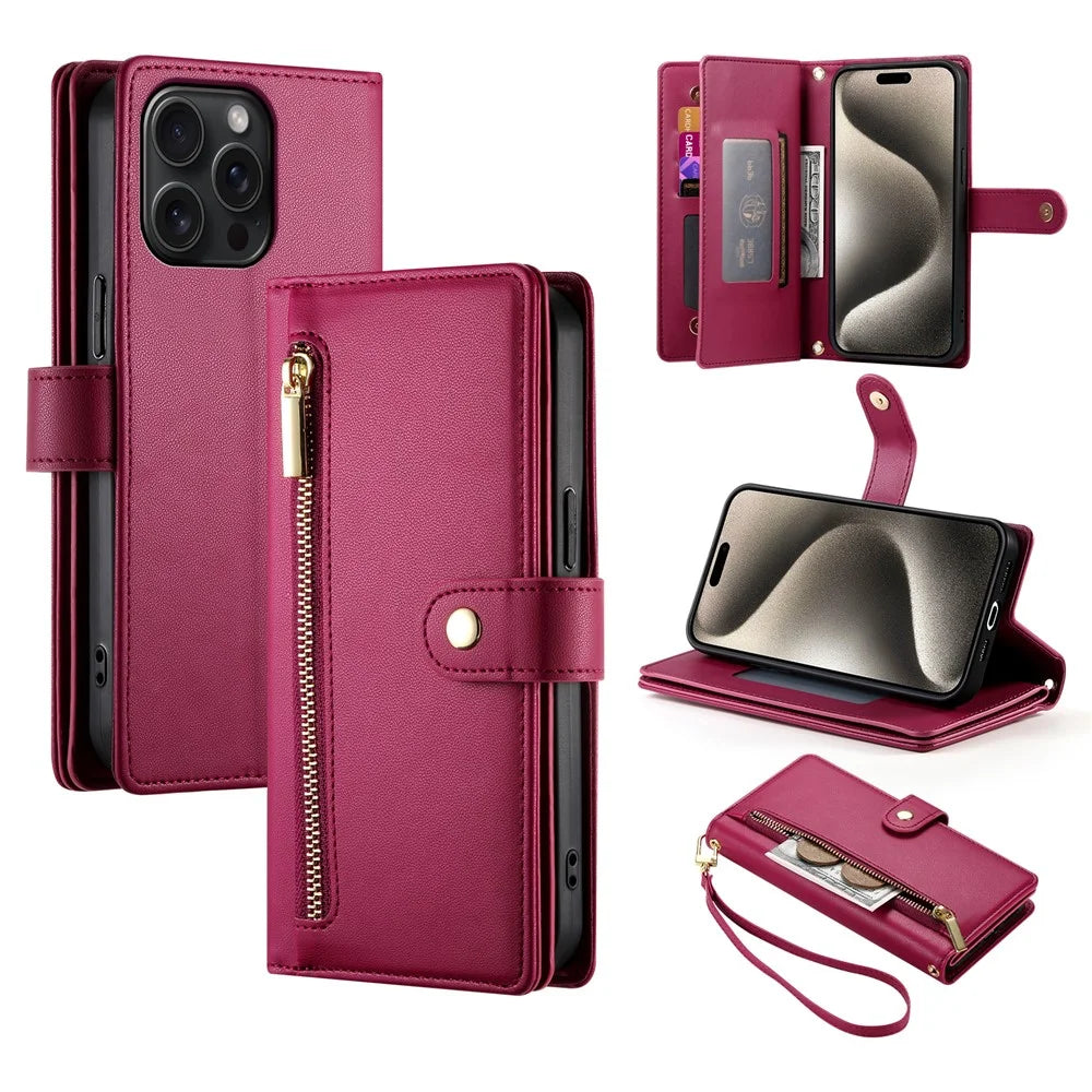 DF-011 For iPhone 15 Pro Max Leather Case Zipper Wallet Crossbody Phone Cover Stand View - Red - 1