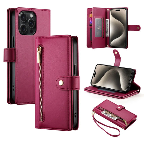 DF-011 For iPhone 15 Pro Max Leather Case Zipper Wallet Crossbody Phone Cover Stand View - Red - 1