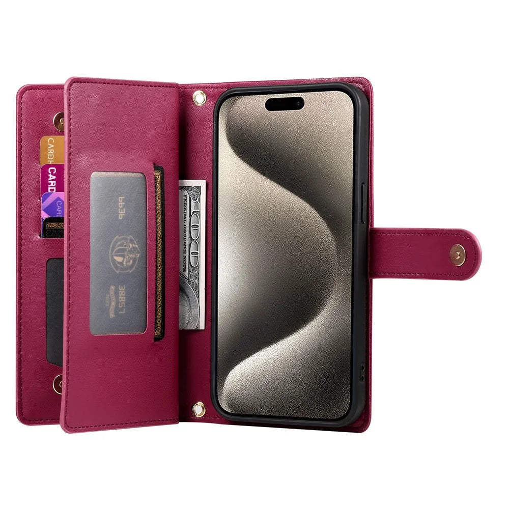 DF-011 For iPhone 15 Pro Max Leather Case Zipper Wallet Crossbody Phone Cover Stand View - Red - 2