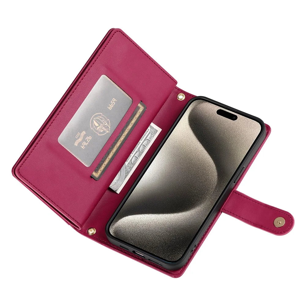 DF-011 For iPhone 15 Pro Max Leather Case Zipper Wallet Crossbody Phone Cover Stand View - Red - 3