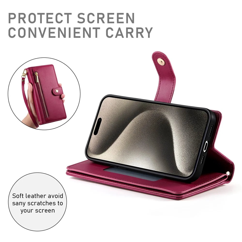 DF-011 For iPhone 15 Pro Max Leather Case Zipper Wallet Crossbody Phone Cover Stand View - Red - 4