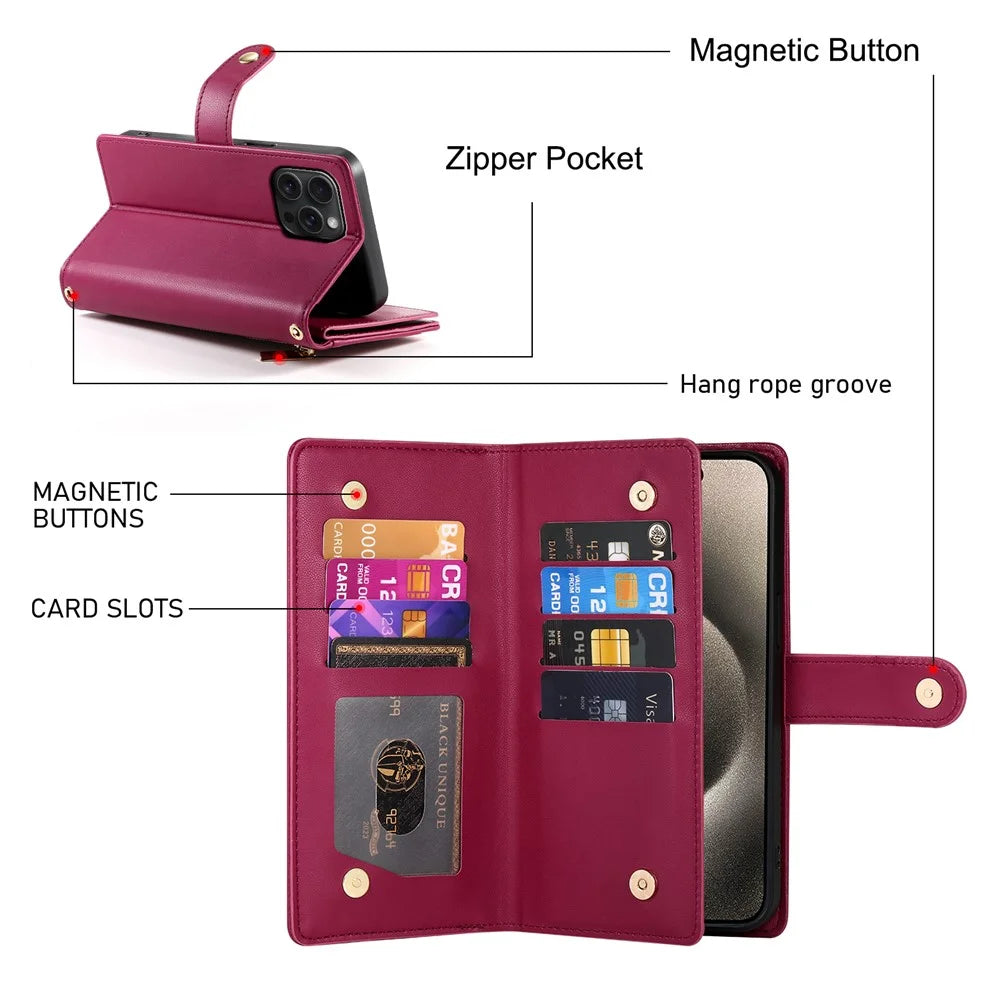 DF-011 For iPhone 15 Pro Max Leather Case Zipper Wallet Crossbody Phone Cover Stand View - Red - 6