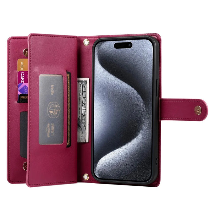 DF-011 For iPhone 15 Pro Case Zipper Leather Phone Cover with Shoulder Strap and Hand Strap - Red - 2