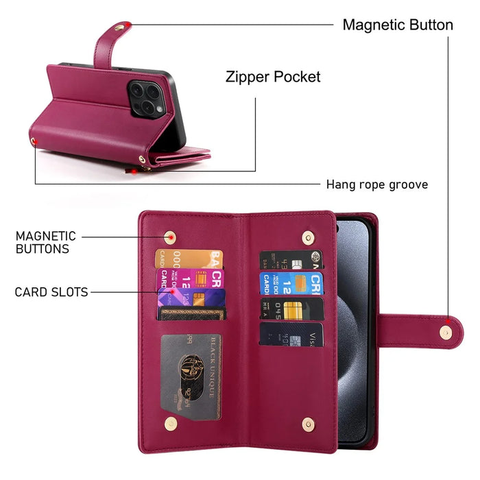 DF-011 For iPhone 15 Pro Case Zipper Leather Phone Cover with Shoulder Strap and Hand Strap - Red - 6