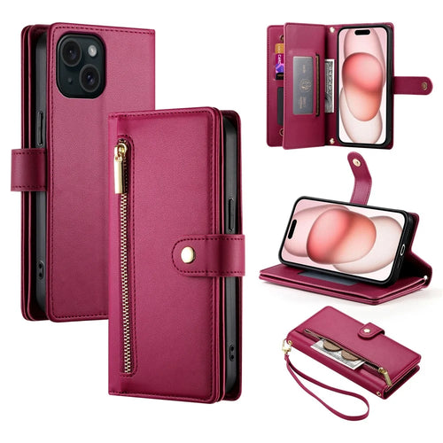 DF-011 For iPhone 15 Case Crossbody Leather Cover with Zipper Pocket Multiple Card Slots - Red - 1